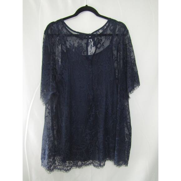 Torrid Women’s 3X Plus Navy Lace Top Blouse Short Sleeve Lined Floral Sheer - Picture 2 of 5